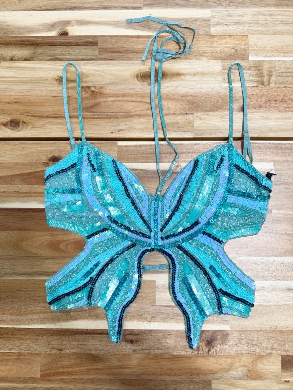 H:ours Revolve Carola Embellished Butterfly Sequin Beaded Top in Turquoise M - Picture 5 of 10
